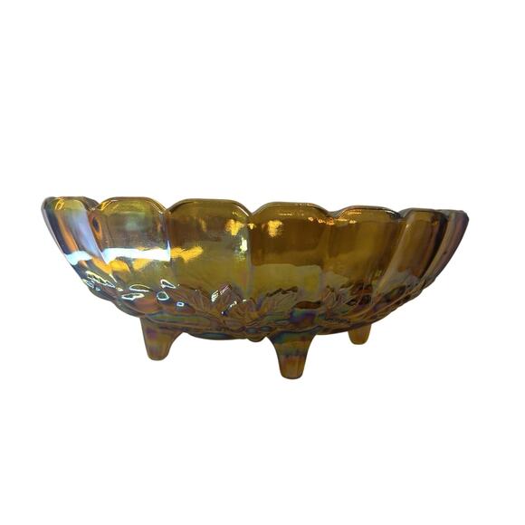 Indiana Glass Iridescent Carnival Amber Glass Oval Fruit Bowl Footed Vintage - Picture 7 of 10